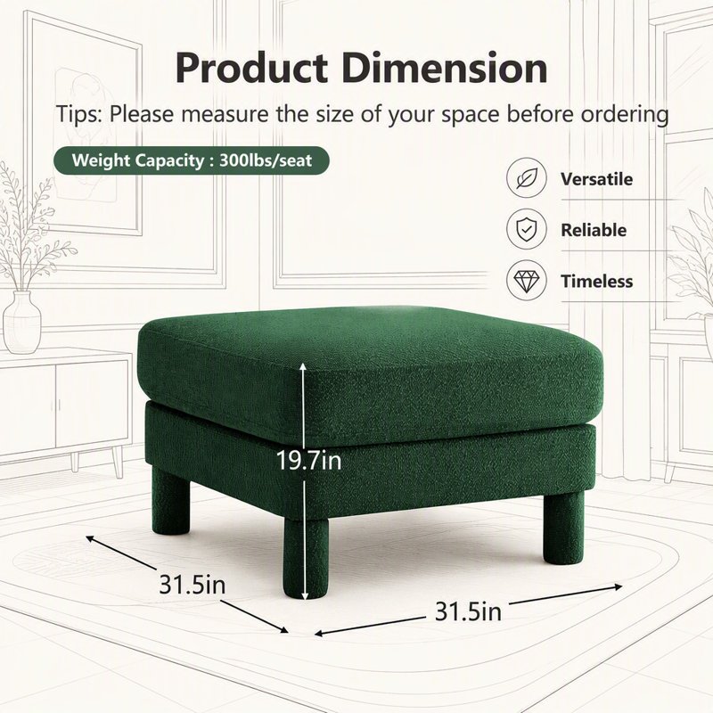 Pouf moderne en tissu bouclé avec accoudoirs incurvés et pieds cylindriques, idéal pour une assise élégante et confortable.