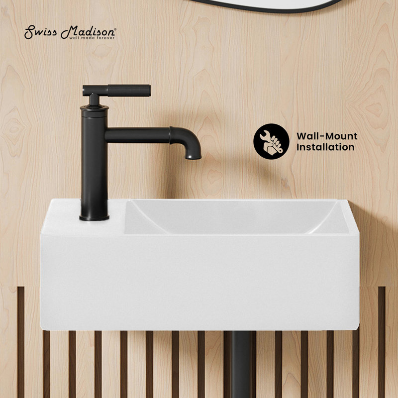 Lavabo mural rectangulaire en béton 16 po avec robinet à gauche Lisse , Blanc mat