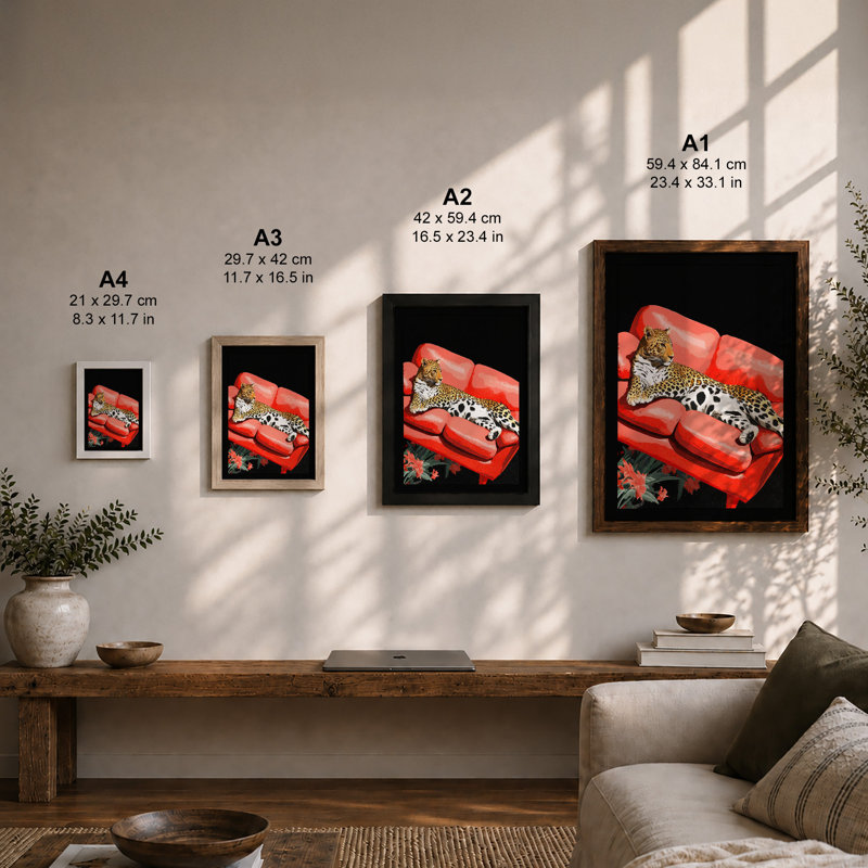Leopard in Telephone Surrealism 1 Piece Single Picture Frame Wall Art, A1 - 84.1 x 59.4 cm, White