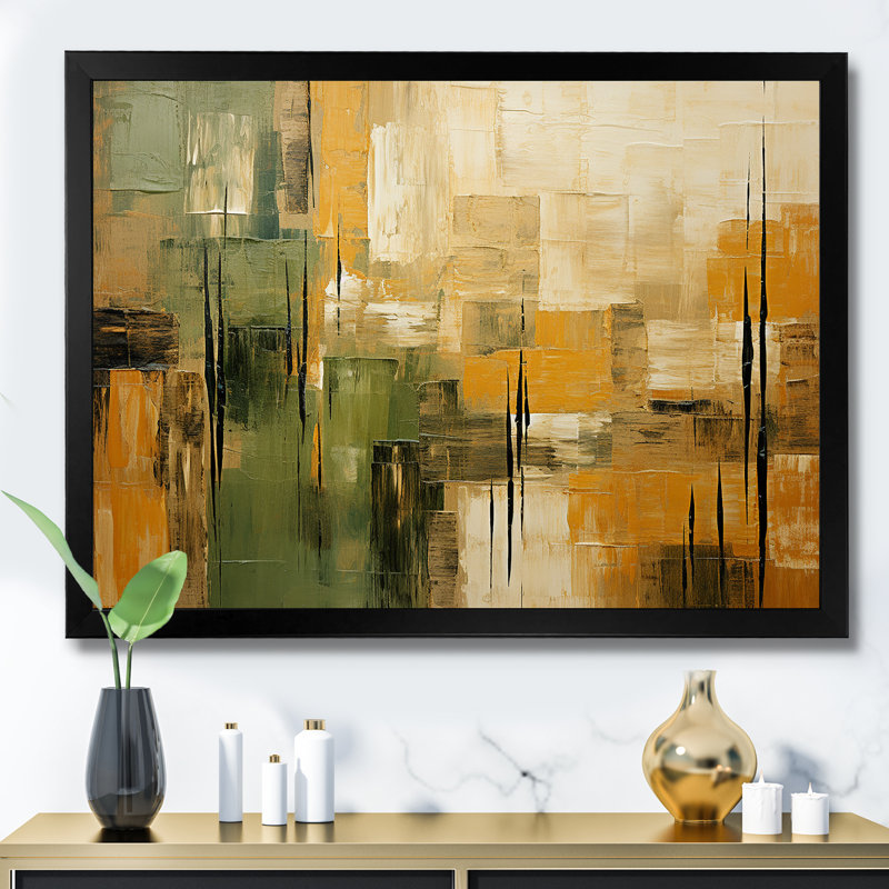"Green beige Wild Essence Collage I - Tachisme", art mural sur toile, Noir, H 34 po x l 44 po, Impression encadrée