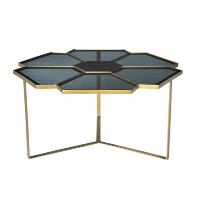 Gracie Mills 34" Black and Gold Glass and Iron Free Form Frame Coffee Table – Modern Glass Top