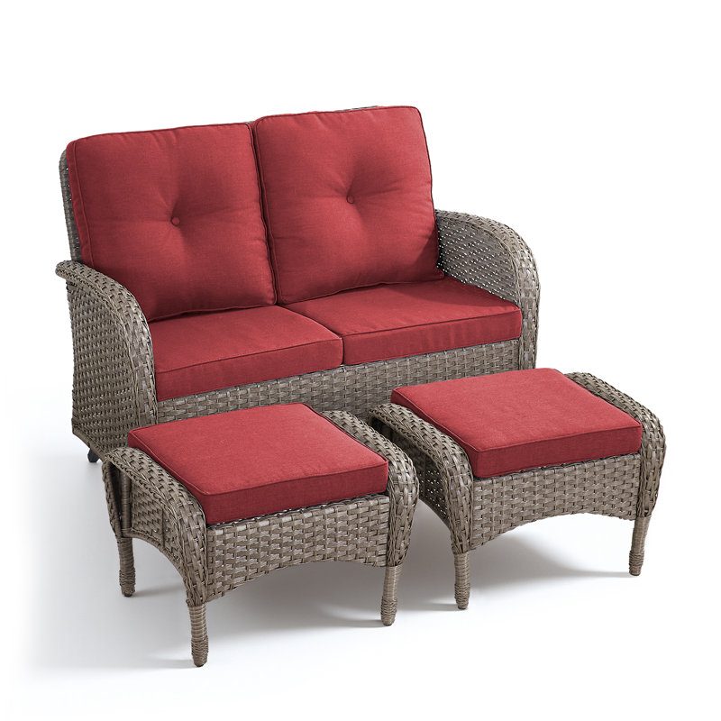 50" Wide PE Wicker Outdoor Patio Glider Loveseat With Ottomans, Gray, Red