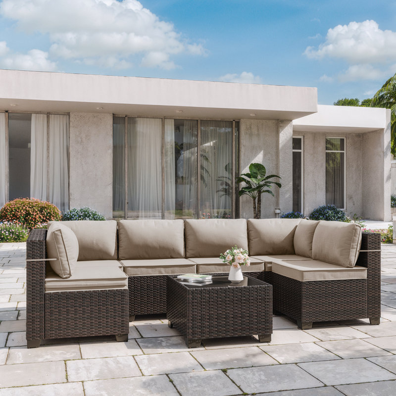 Hanshaw 7-Pieces All Weather Rattan U-Shape Sectional Sofa With Cushions, Sand