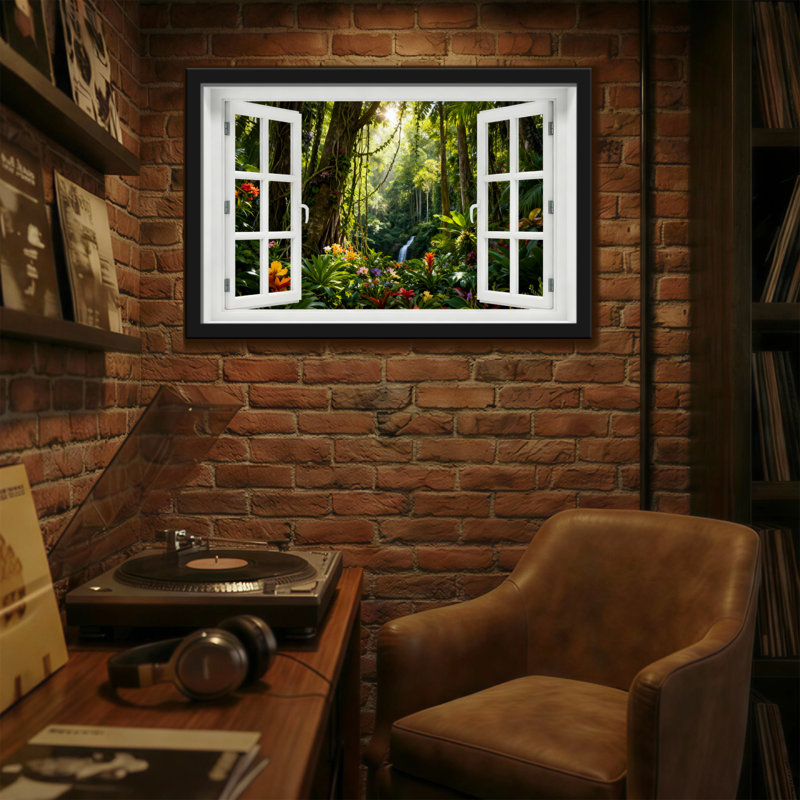 Paysage et forêt naturelle vue par une fenêtre ouverte avec des fleurs, H 16 po x l 24 po