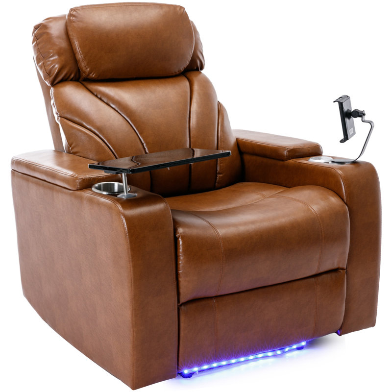 Leaon Vegan Leather Power Reclining Cinema Seat with Cup Holder, Similicuir brun clair