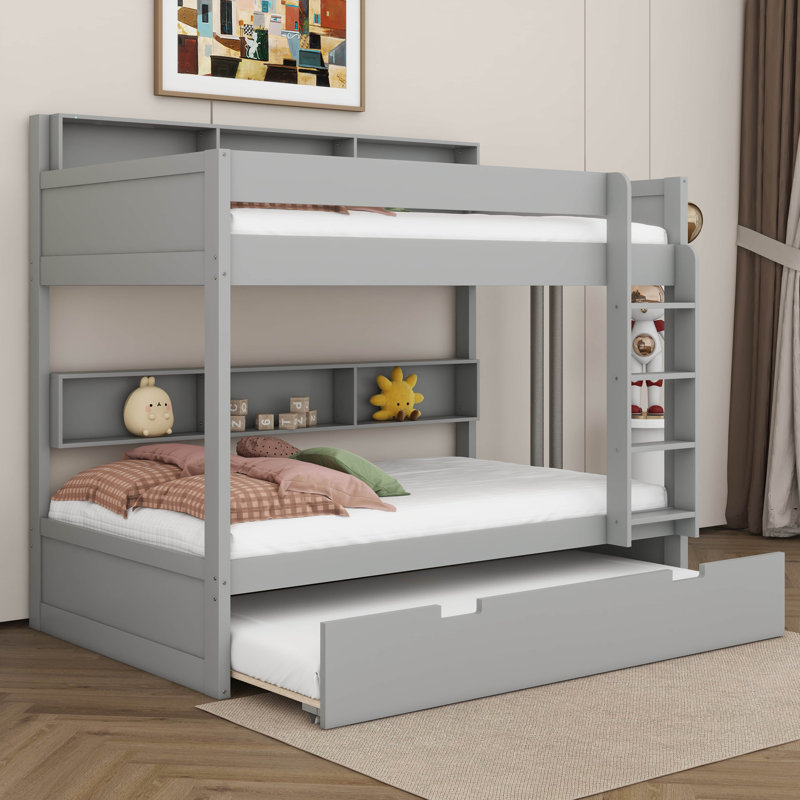 Lit superposé avec rangement et lit gigogne, structure de lit superposé en bois peu encombrante avec tablettes de chevet
