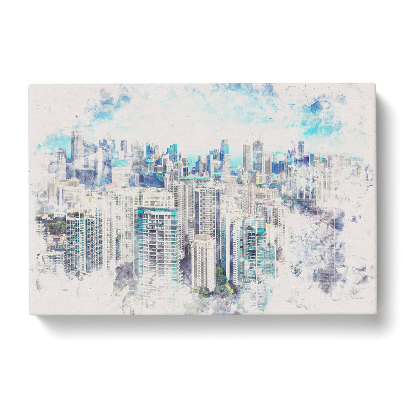 Singapore Skyline Watercolour - Wrapped Canvas Print, 50cm H x 76cm W x 3cm D