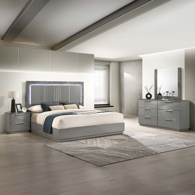 Ensemble grand 4 pièces Elara - Finition bicolore très brillante en marbre et laque avec éclairage DEL, pieds en métal, Gris