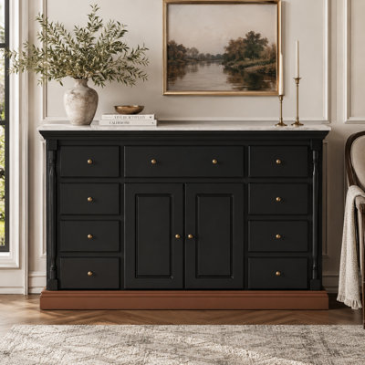 39.4" H Black Classical Sideboard – 9 Drawers + 2 Doors, Marble Top, Rubber Wood Trim & Antique Brass Knobs, Ornate Crown Molding & Roman Columns
