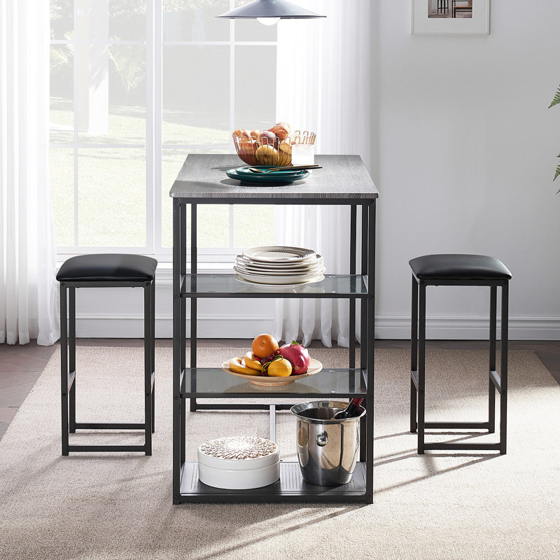 Ensemble de table de bar 3 pièces avec plateau gris, tablettes de rangement et tabourets en cuir PU - Ensemble de salle à manger pour petit espace