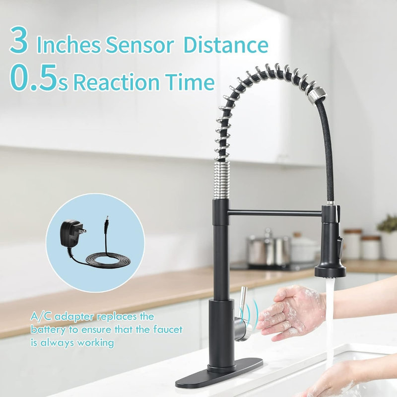 Robinet de cuisine sans contact avec adaptateur CA, robinet d'évier de cuisine à poignée simple mains libres avec pulvérisateur rétractable