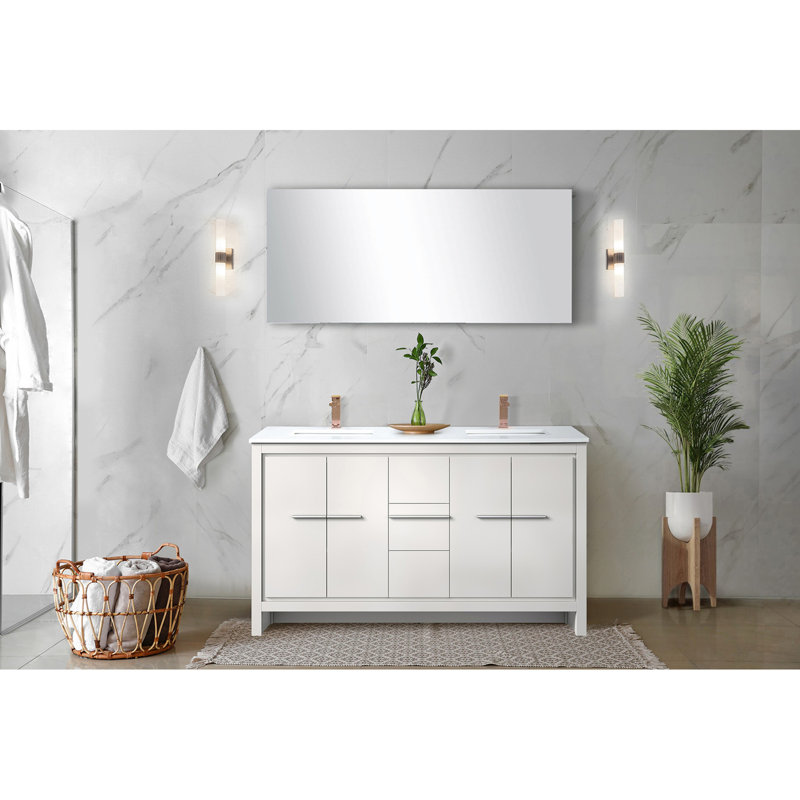 Meuble-lavabo double blanc l 60 po x P 20 po, comptoir en marbre de culture, robinet en or rose, miroir de 55 po et surface de bain 60 po, 20 po, 55 grattoirs