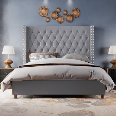 Bed Frame with 61.4" Tall Headboard Upholstered Velvet Platform Bed