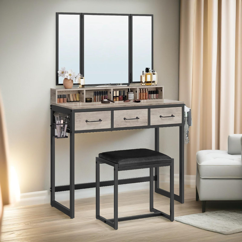 Sagar Dressing Table with Mirror And Stool Vanity Desk Bedroom Furniture, Grey