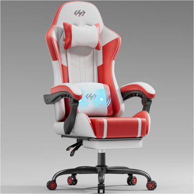 HLDIRECT Gaming Chair, Ergonomic Video Game Seat with 360° Swivel & Lumbar Massage, Computer Chair PU Leather Cushion for Adults Home/Office Use (White & Red)