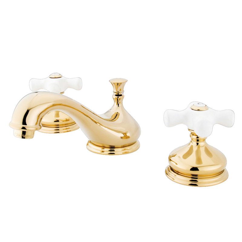 Robinet pour salle de bain espacé avec poignées transversales en porcelaine doubles, Laiton poli