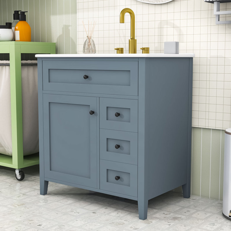 Meuble-lavabo 30 po avec lavabo, tablette et tiroirs en céramique, Blue Gray