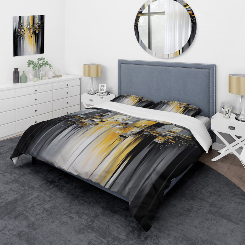 Abstract Geometric Black And Yellow I - Abstract Duvet Cover Set - Microfiber Polyester, King Duvet Cover + 2 King Shams