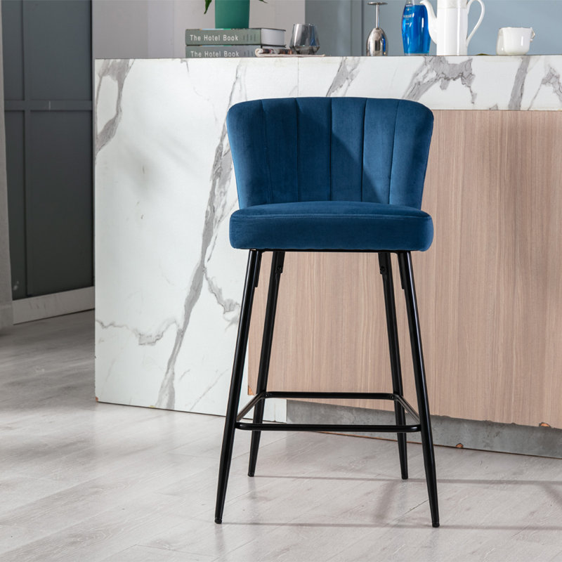 Lauterbach Upholstered Counter Stool with Metal Frame, Blue Velvet