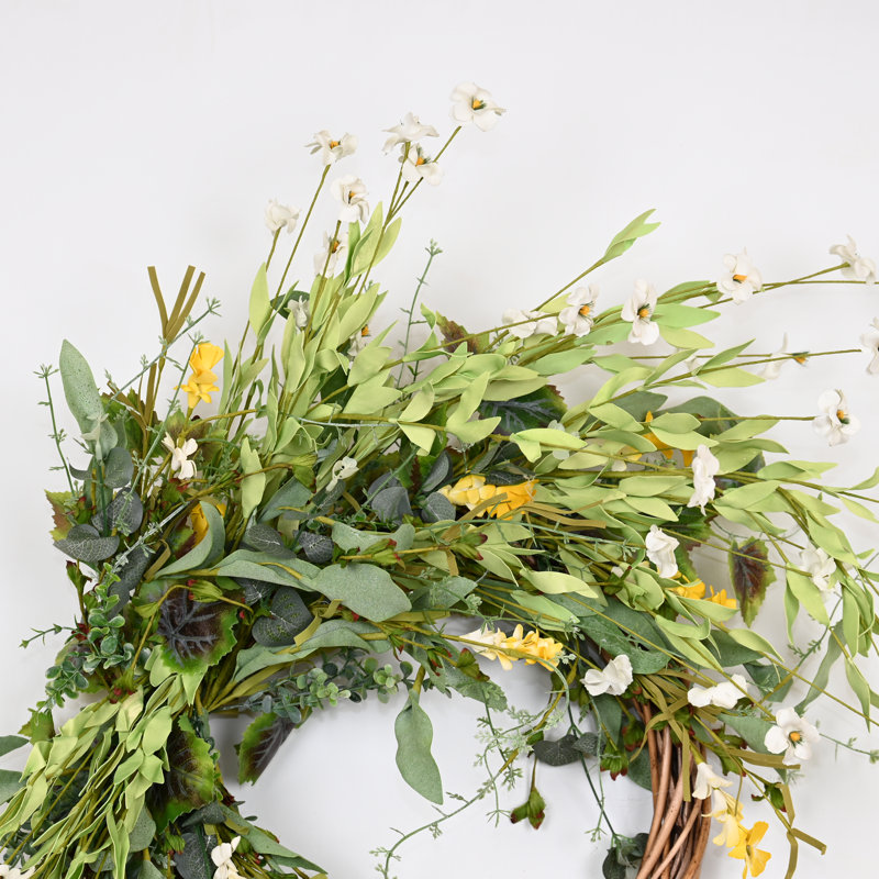 Couronne de fleurs artificielle 24 "à demi-anneau avec baies et feuilles de fleurs sauvages pour porte d'entrée, Vert/blanc