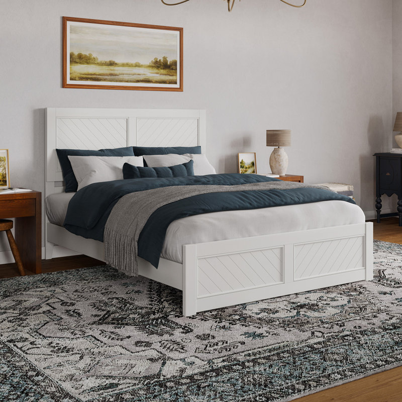 Jeinny Solid Wood Low Profile Platform Bed with Matching Footboard, White, Queen