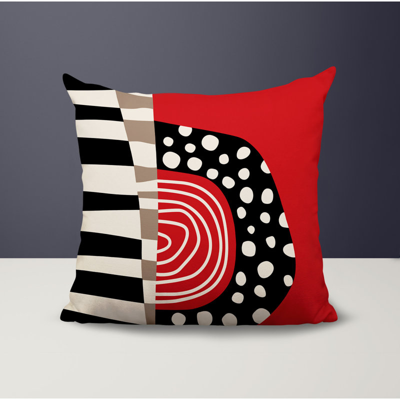 Oreiller carré réversible intérieur / extérieur Ritter Abstract, H 19 po x l 19 po, Rouge / noir / blanc cassé abstrait