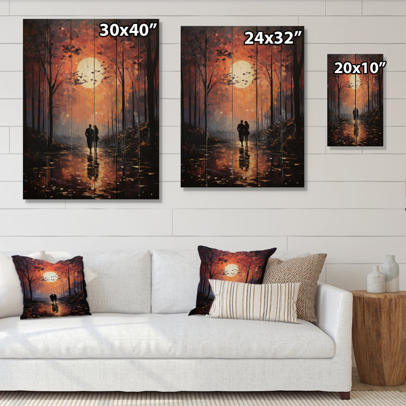 Couple romantique, paysage embrassant le coucher de soleil II sur bois, H 20 po x l 10 po x P 0,78 po