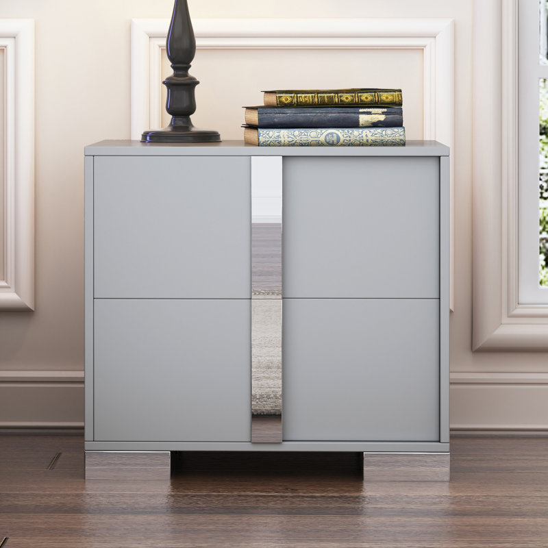 Table de chevet élégante, poignée en métal, miroir, 2 tiroirs, gris