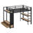 Metal Loft Bed Frame With Wardrobe,Storage Shelves And Pegboard