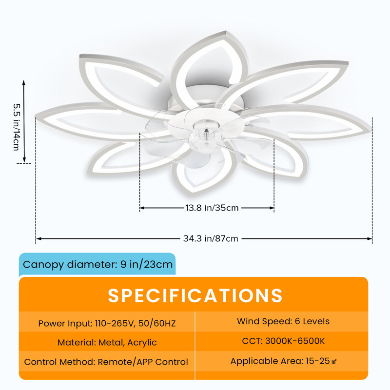 Ventilateur de plafond encastré moderne avec ensemble d'éclairage DEL à intensité variable, RC, pales réversibles, 6 vitesses - fleur