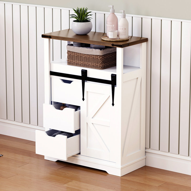Farmhouse Freestanding Storage Cabinet with Sliding Barn Door and 3 Drawers in White for Bathrooms and Entryways