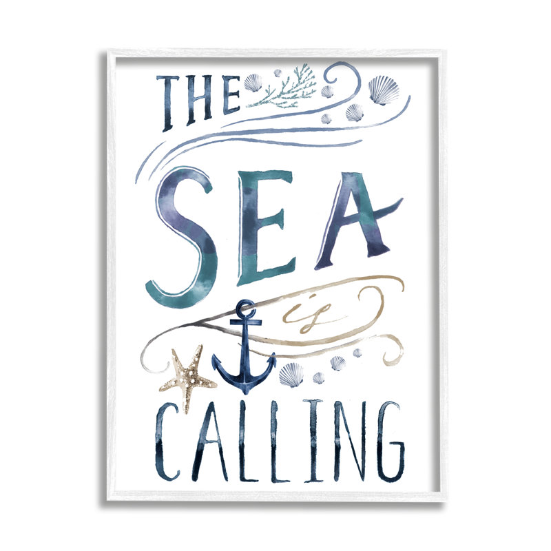 The Sea Is Call Nautical Sentiment, H 14 po x l 11 po x P 1,5 po, Giclée encadrée blanc bord de mer