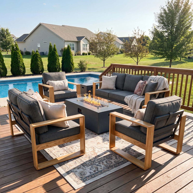  5 Pieces Aluminum Patio Furniture Set With Fire Pit Table, Oversized Seat With Hight Back Outdoor Conversation Sets