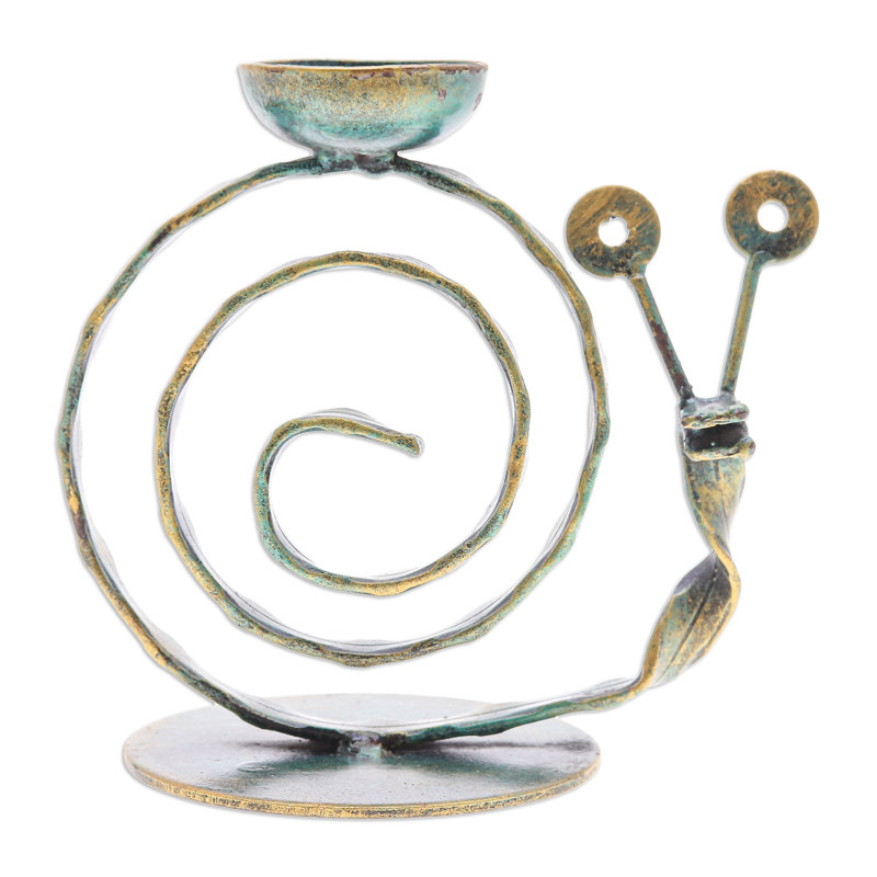 Novica Handmade Happy Snail In Green Iron Tealight Holder