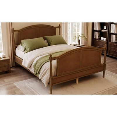 Cadre de lit plateforme traditionnel en bois grand lit, lit en bois de style campagnard avec tête et pied de lit arqués, cadre de lit à panneau de style chalet avec poteaux et support à lattes, pas de sommier tapissier nécessaire, noyer