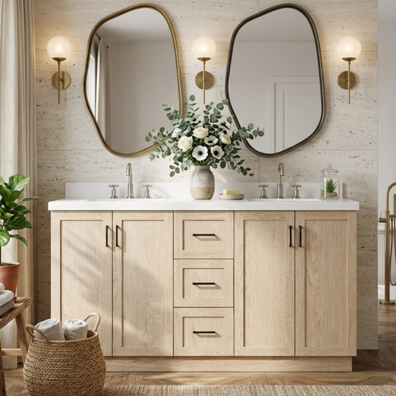 Meuble-lavabo double lavabo de 150 cm avec lavabo en SMC, 3 tiroirs et armoire avec tablette réglable, style ferme moderne, salle de bain principale