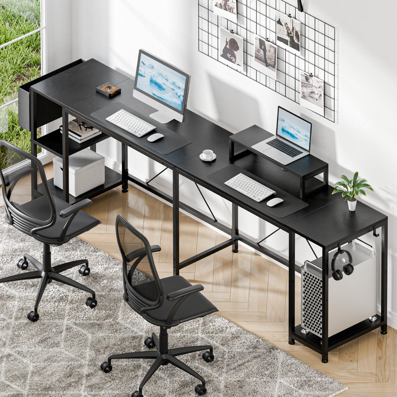 95" L-Shaped Desk with Shelves,Corner Computer Desk or 2 Person Long Table with Monitor Stand, Black/Black