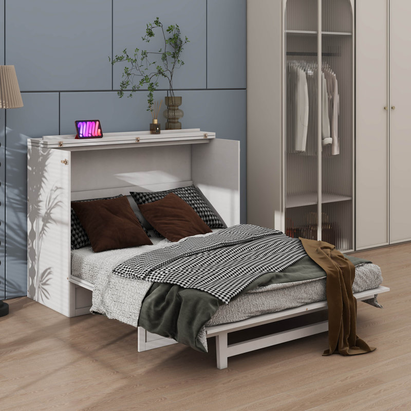 Lit escamotable avec tiroirs spacieux et ports USB pratiques, Blanc, Double