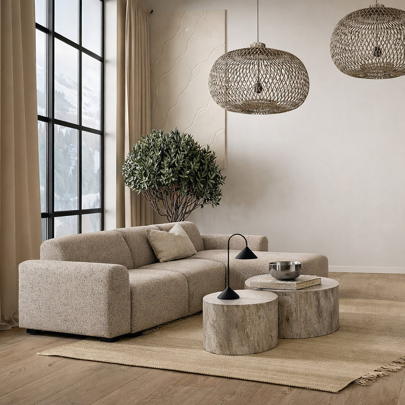 2 Seater Sofa & Chaise, Beige, Right Hand Facing