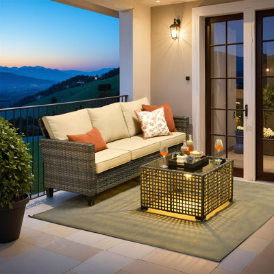 Allcot 76.56'' Wide  All-Weather Wicker Patio Sofa with Lighted Coffee Table and Cushions