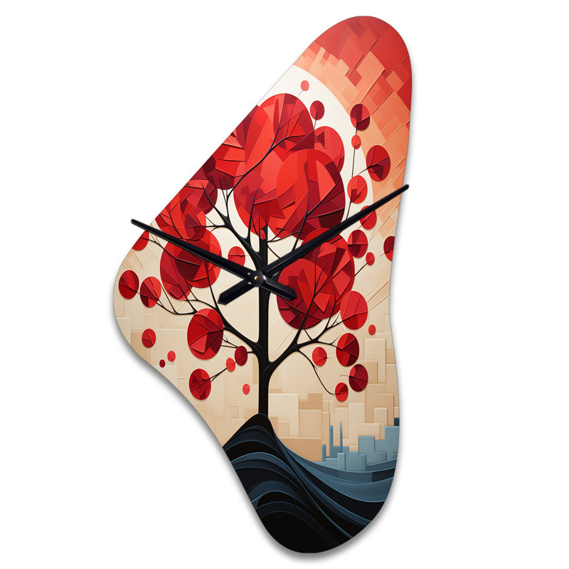 Red Maple Tree Harmony In - Boomerang Shape Red Wall Clock - Unique Shape, Large