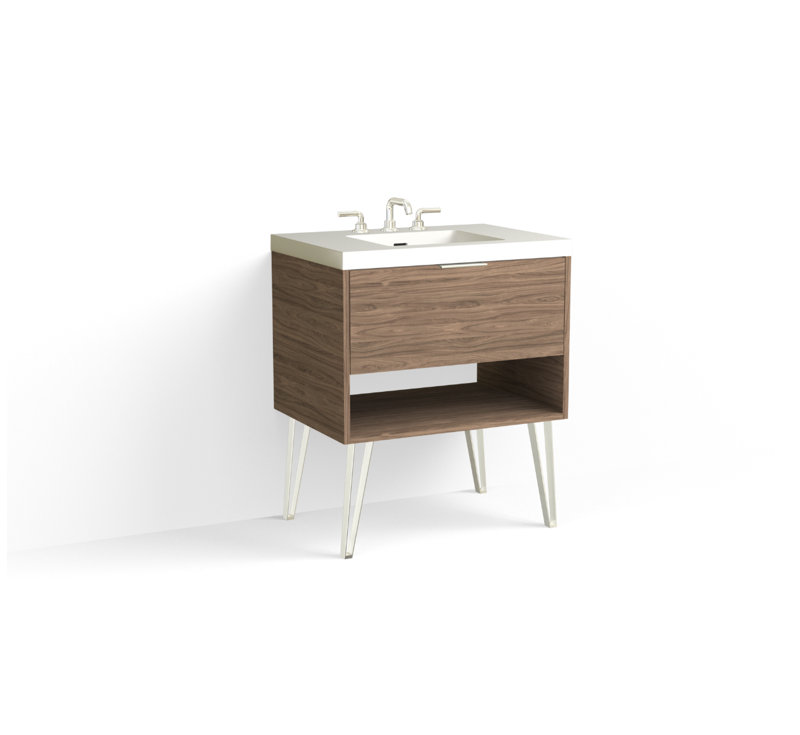 Modo 30" W Freestanding Single Bathroom Vanity with Dawson Leg, Matte White/8" Widespread, Nocino, Satin Nickel