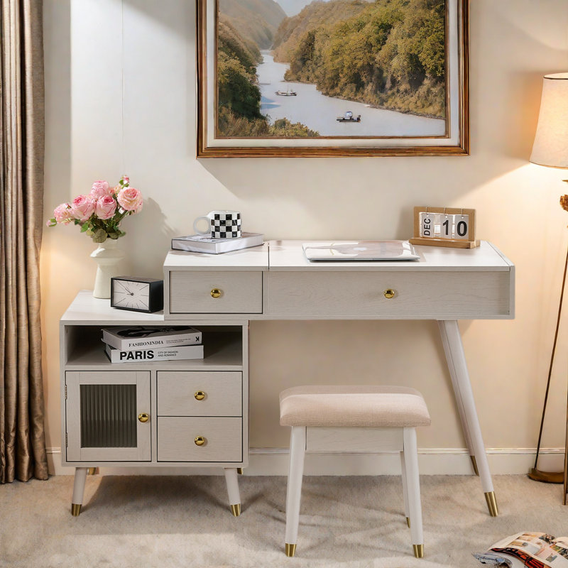 3-in-1 Vanity Desk With Lighted Flip-top Mirror, Adjustable Cabinet, Drawers And Stool, White