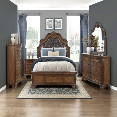 Formal Elegant Design California King Bed Upholstered Headboard Dark Brown Finish Wooden Traditional Bedroom Furniture 1pc Intricate Carvings