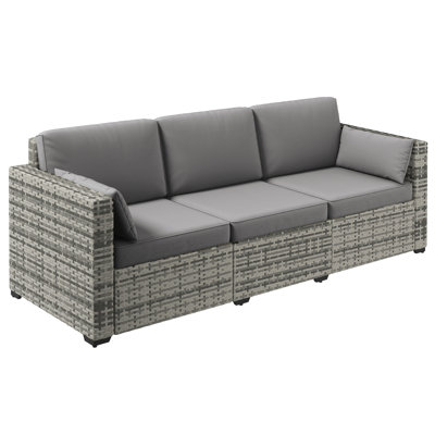 Wicker Patio Couch, Pe Rattan 3-Seat Sofa, Outdoor Furniture With Deep Seating, Cushions, Steel Frame, Gray
