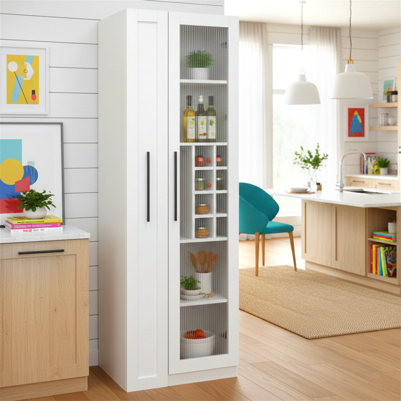 Armoire de garde-manger avec 5 tablettes coulissantes à plusieurs niveaux et portes en verre, armoire de rangement pour cuisine, salle à manger ou salon