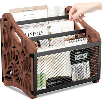 Magazine Holder,3-Compartment Magazine Rack Floor,Wood Magazines File Holder Organizer,Rustic Magazines Storage Basket For Books,Newspapers,Mails,Files