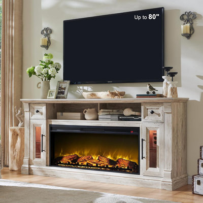 Diamandi Farmhouse Fireplace Tv Stand With Timer, Wood Tv Console For Tvs Up To 80" With Electric Fireplace Included
