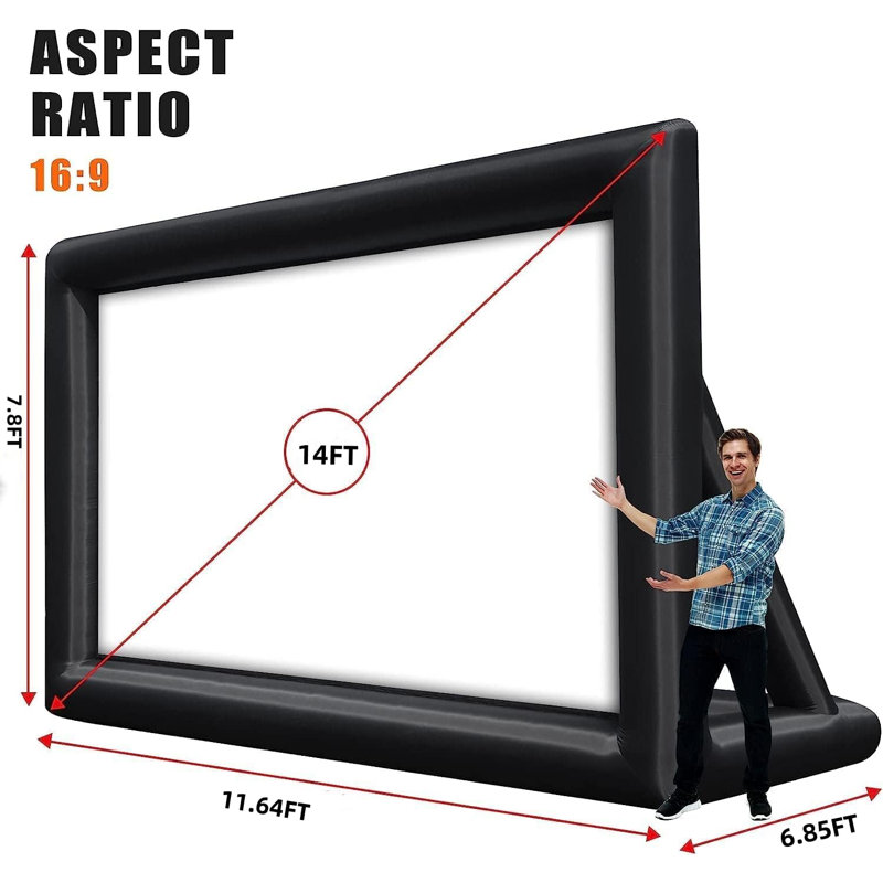 Écran de projection gonflable portable de 14 pi avec ventilateur de 250 W, corde, clous de sol et sac de transport, projection avant et arrière pour la fête dans la cour