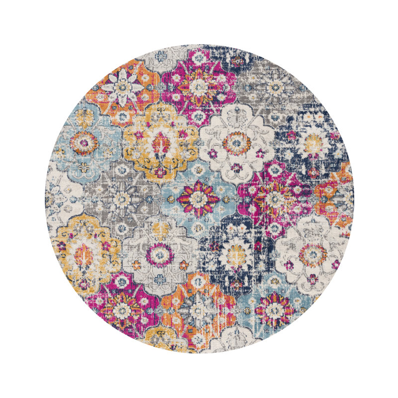 Tapis rond gris délavé 5 pi à motif géométrique beige et bleu